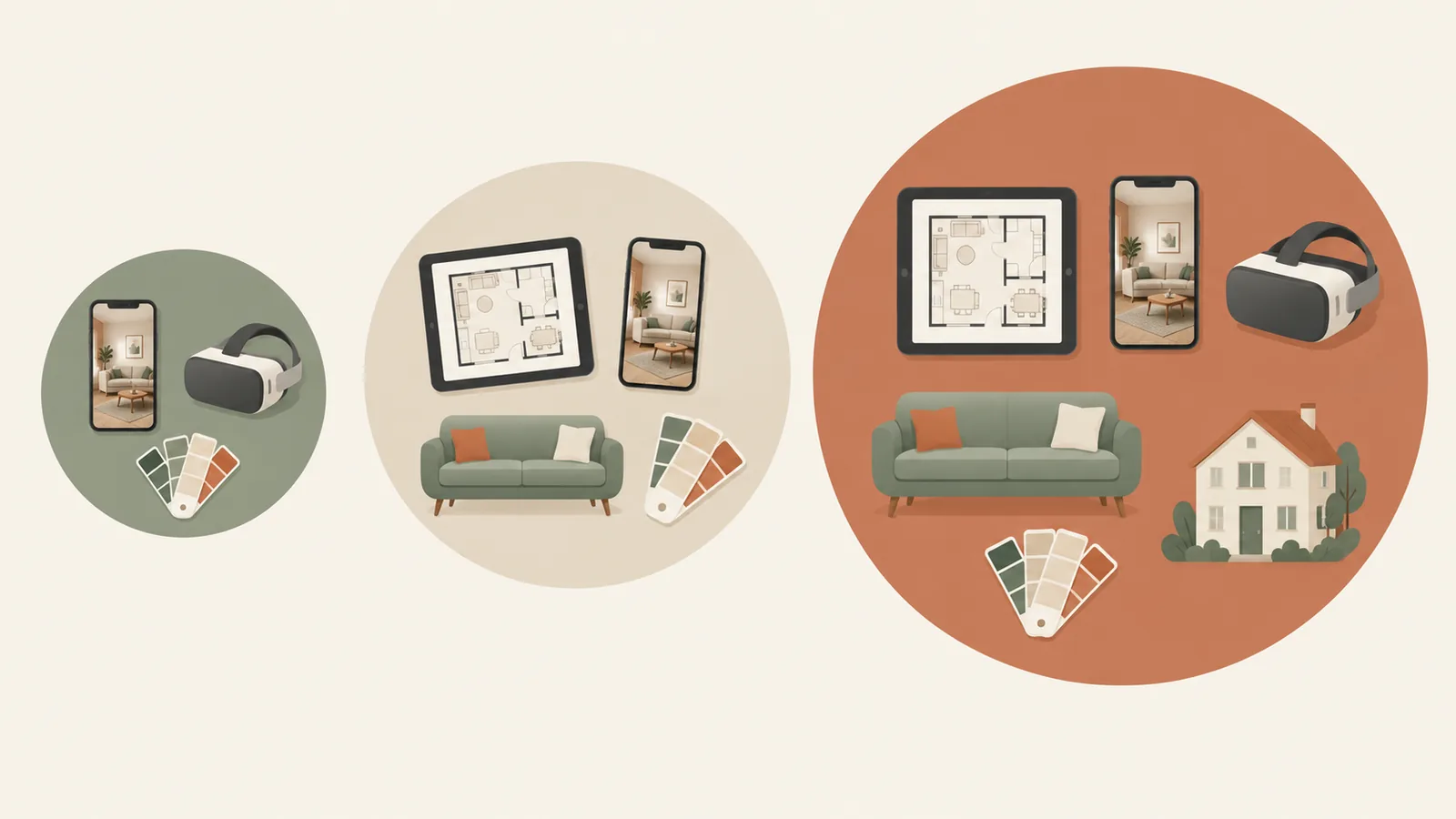 Illustration of three circles of increasing size, each holding more design tool icons, from a phone and a VR headset to a floor plan, a sofa, paint swatches, and a house