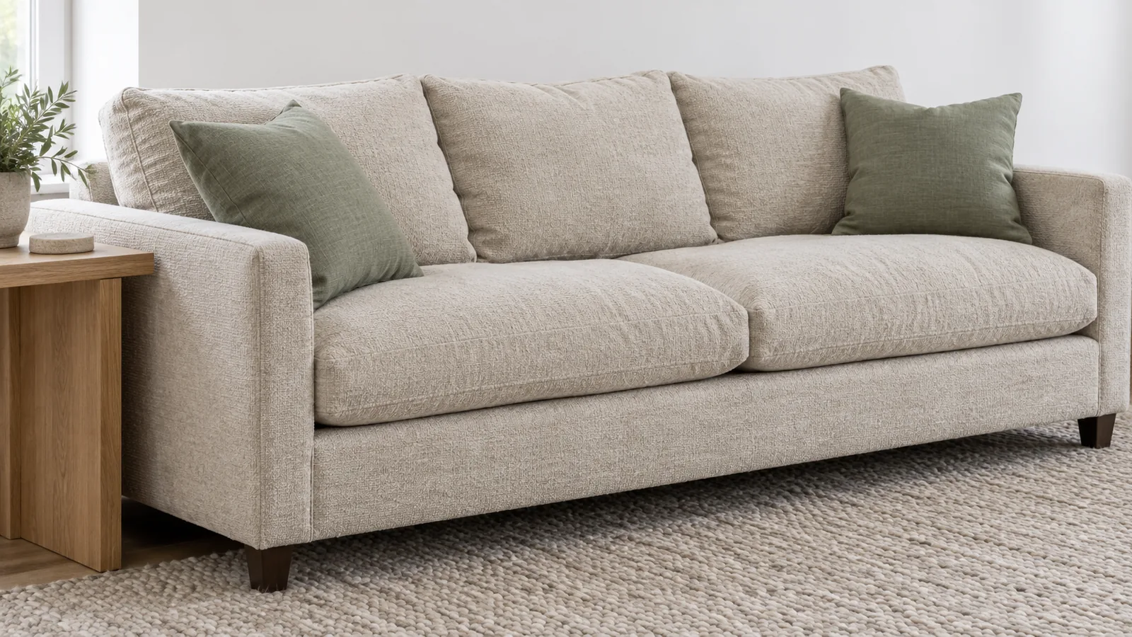 Three-quarter view of an oatmeal three-seat sofa with slim track arms, soft loose cushions, two sage pillows, and short dark legs beside an oak side table