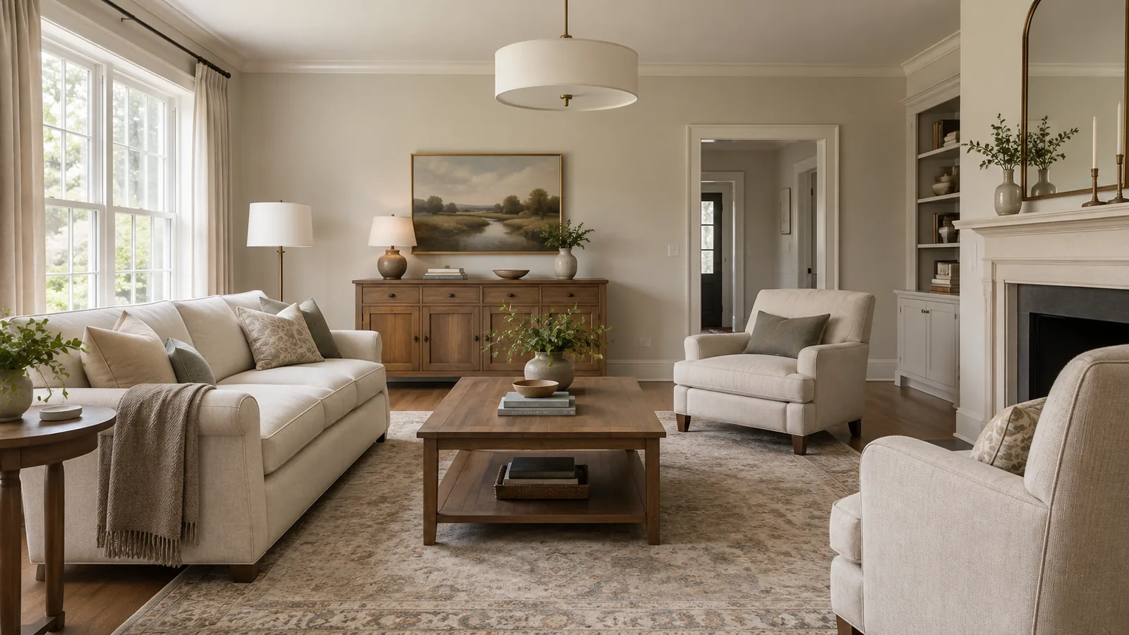 Living room in a transitional style with classic furniture shapes, simplified detailing, and a warm greige palette