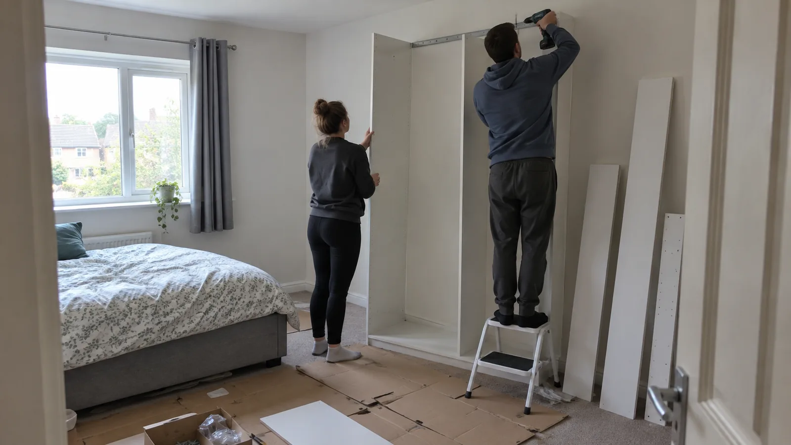 Two people assembling a tall white wardrobe frame upright against a bedroom wall: one steadies a side panel while the other, on a step stool, drills the frame to a rail near the ceiling, with flattened cardboard on the floor and spare panels leaning on the wall