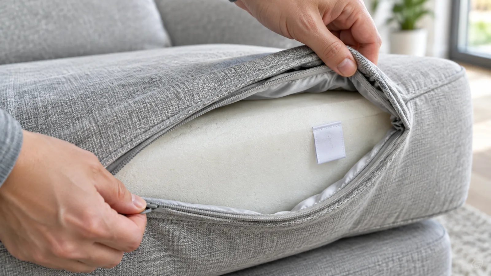 Hands unzipping a sofa cushion cover to reveal the foam core and its specification label inside