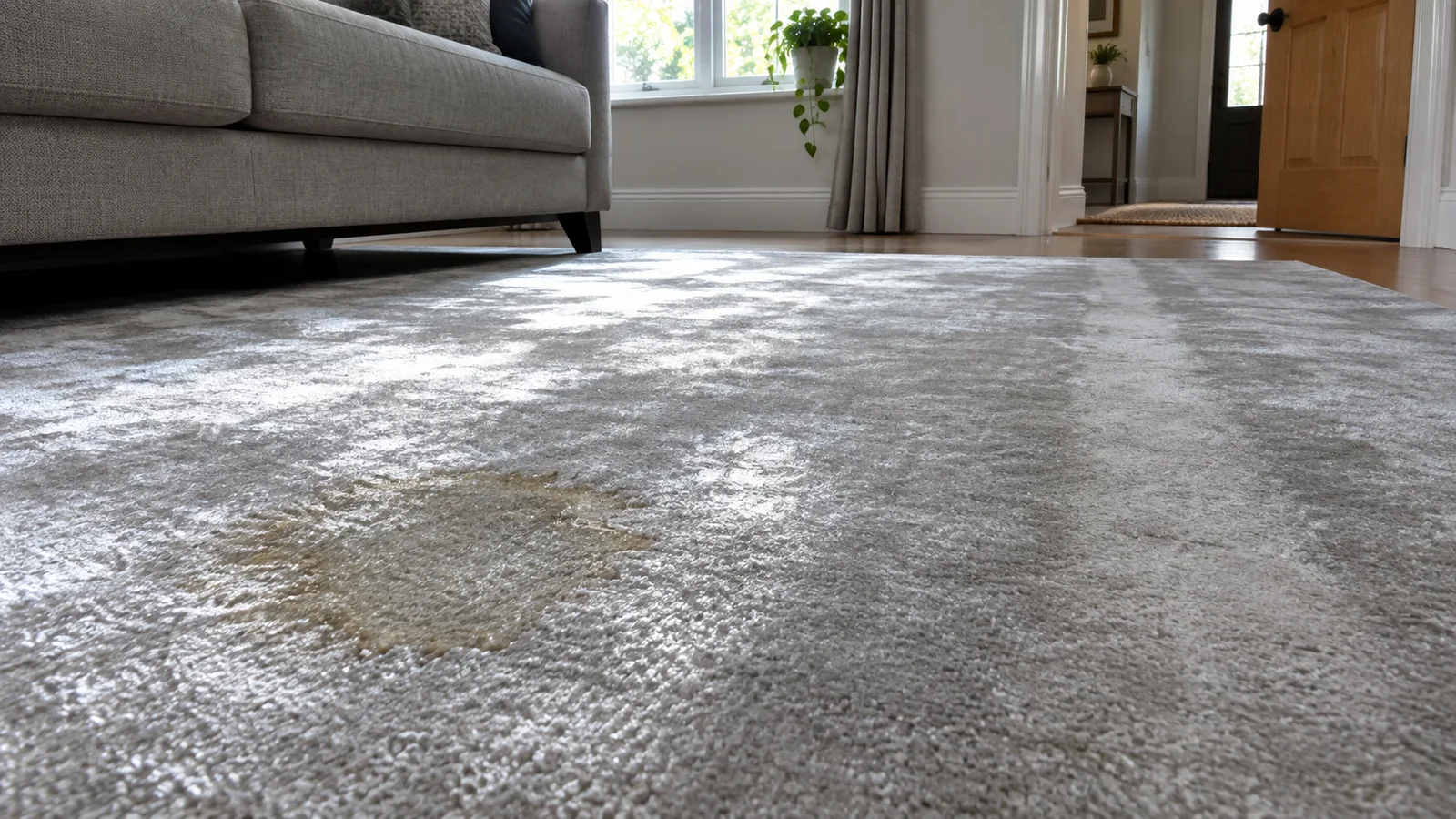 A shiny silver-grey viscose rug in a living room with a darker, yellowed water mark on its pile