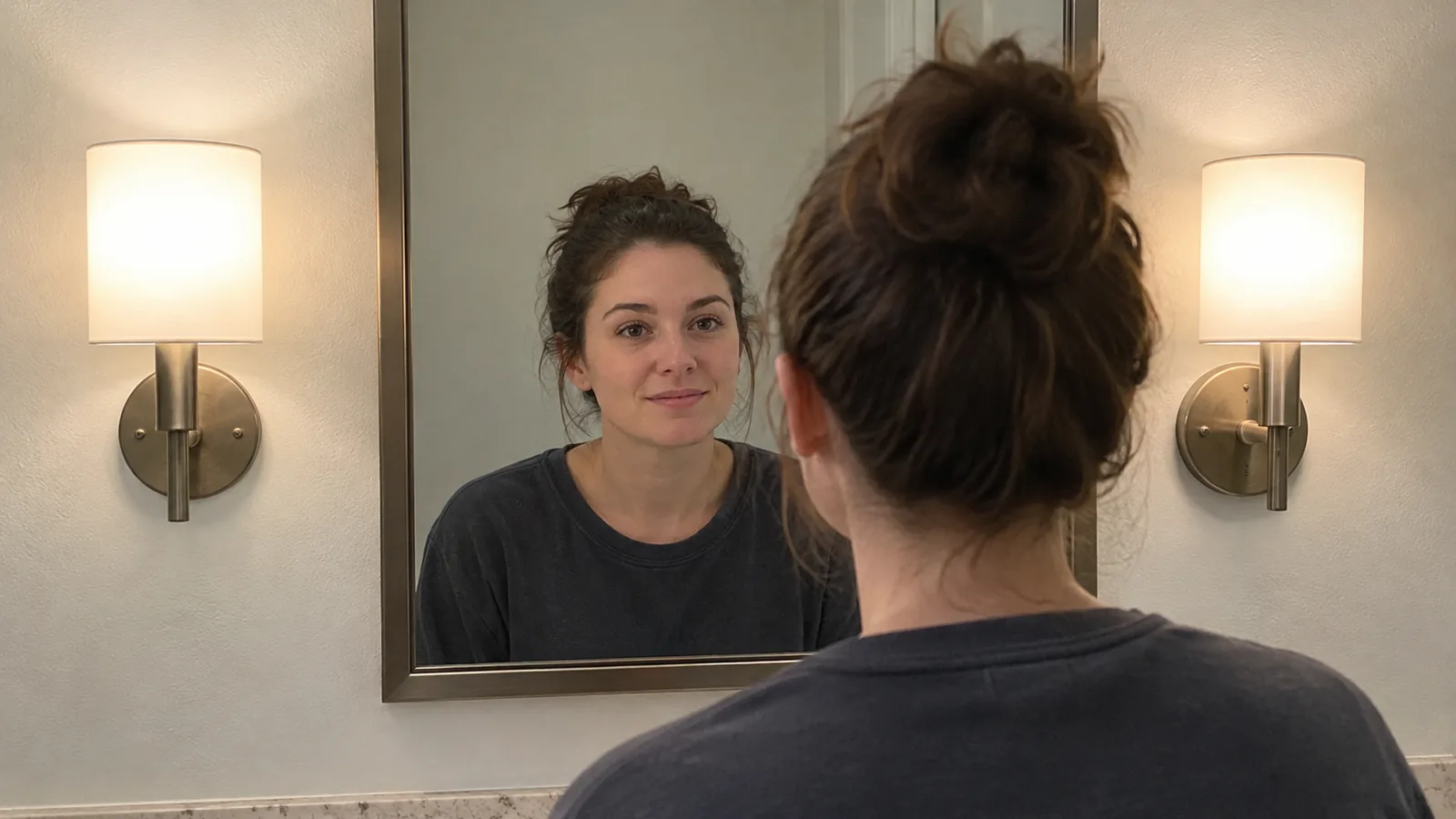 Two side sconces flanking a bathroom mirror around the reflected user's face