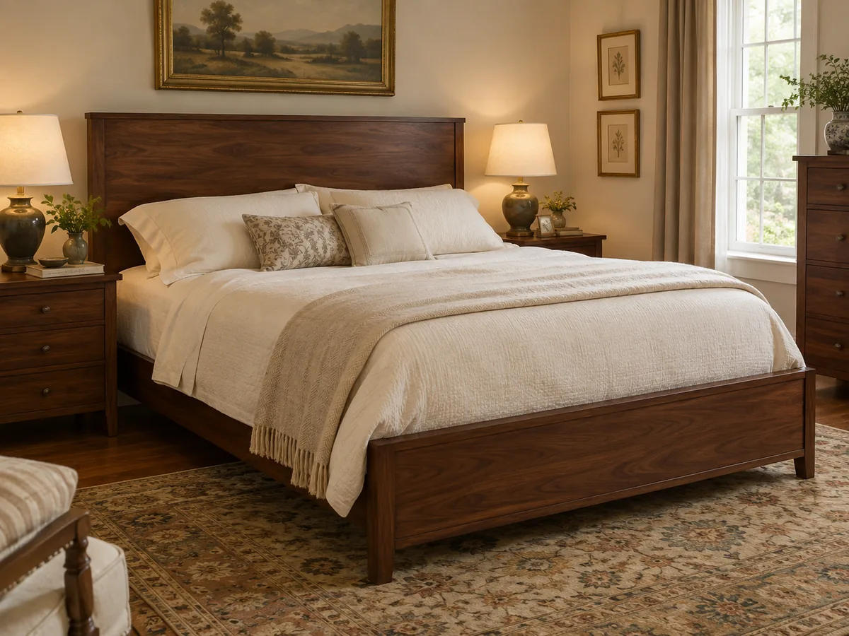 Walnut panel bed with a matching headboard and footboard in a traditional bedroom