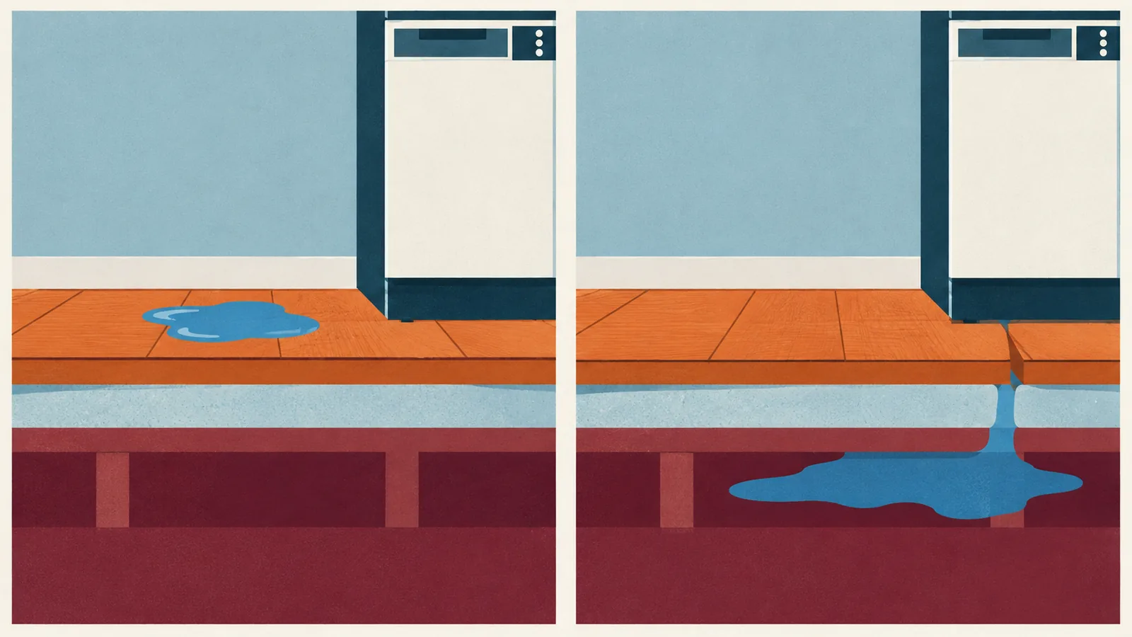 Two-panel illustration comparing water resting on a floating floor surface with a concealed dishwasher leak spreading onto the subfloor beneath the same floor