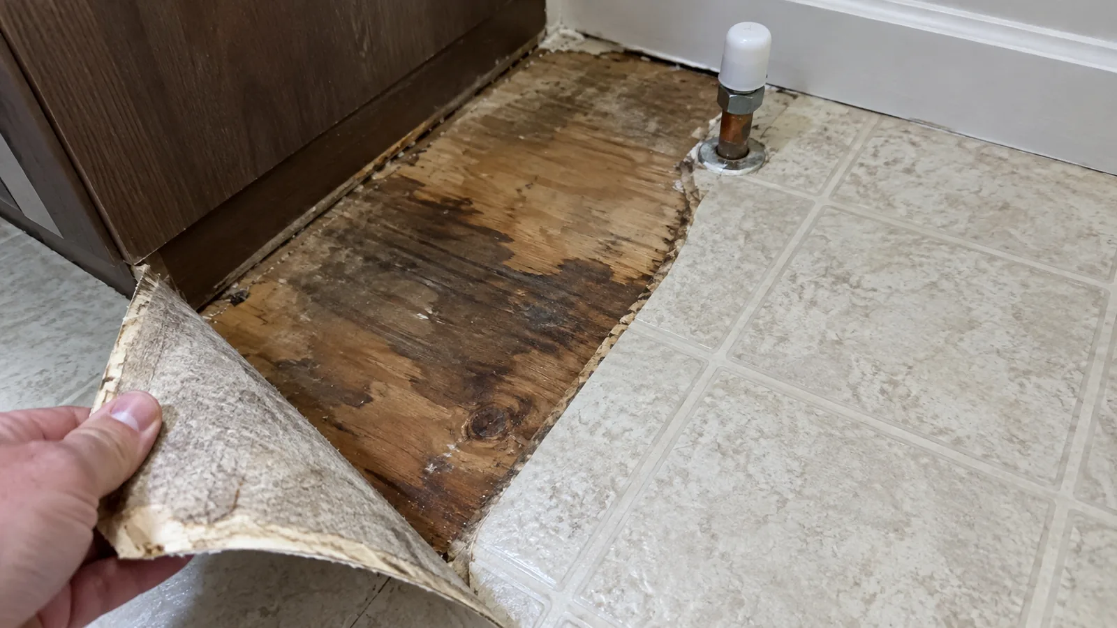 Hand peeling back sheet vinyl flooring to expose a dark water-stained subfloor beside a plumbing supply valve