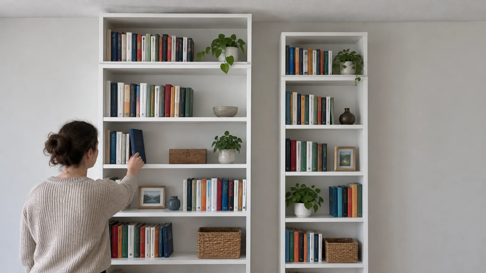 Person taking a book from a tall white bookcase with a height extension, beside a second narrow bookcase