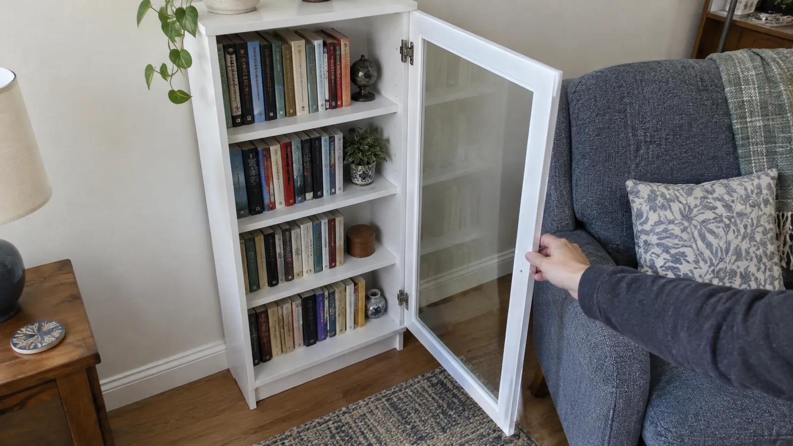Hand holding the single glass door of a narrow white bookcase fully open, with a visible gap before a nearby reading chair