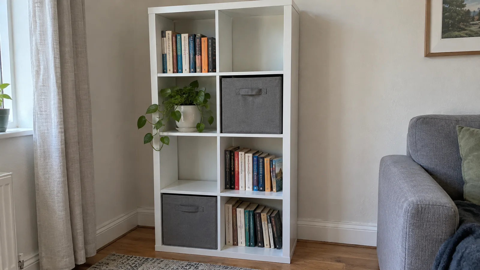 A white cube shelf against a living room wall holding paperback books, two fabric bins and a plant in separate cubes