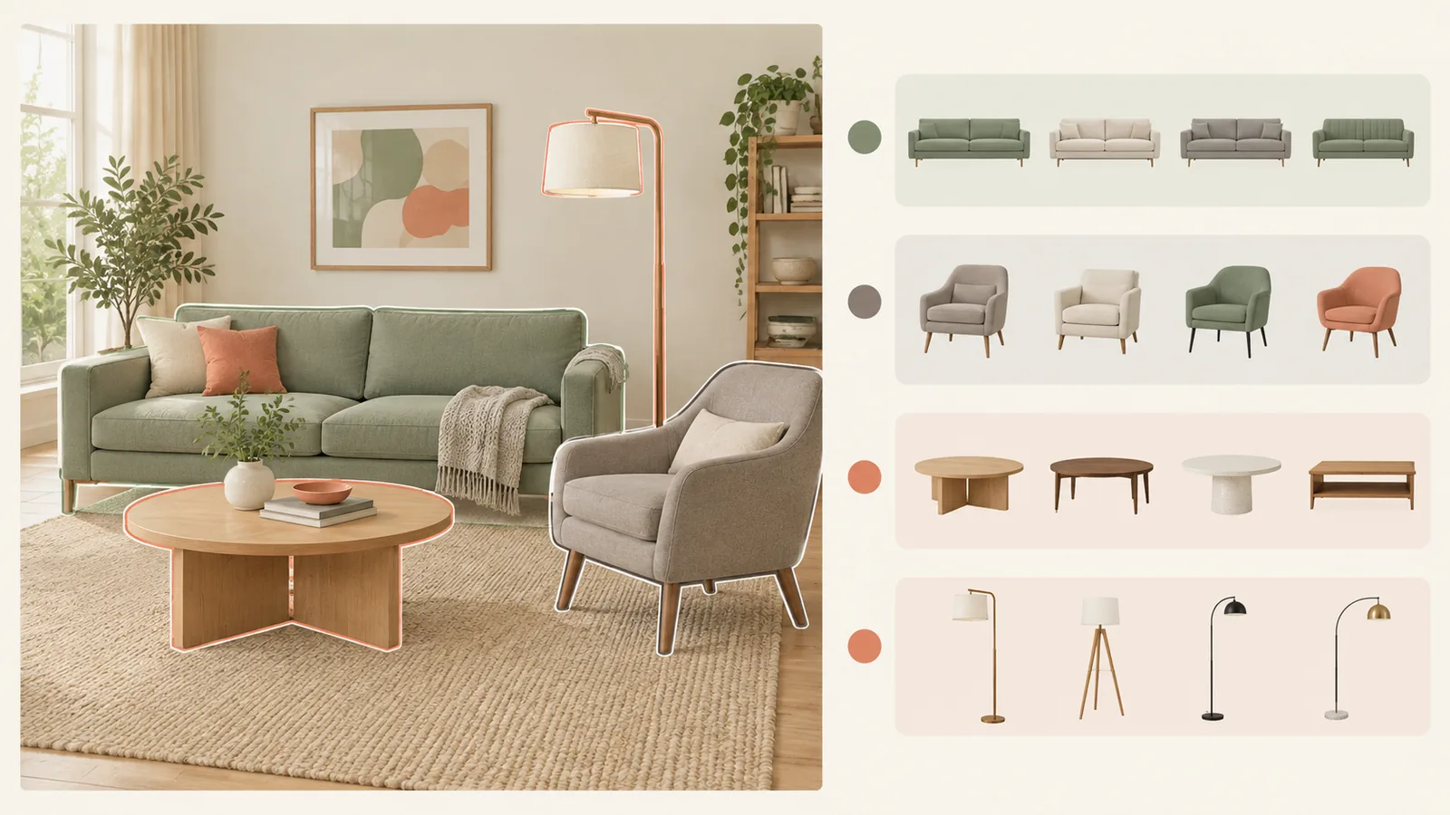 Illustration of one living room photo with four detected objects outlined, each leading to a row of similar products