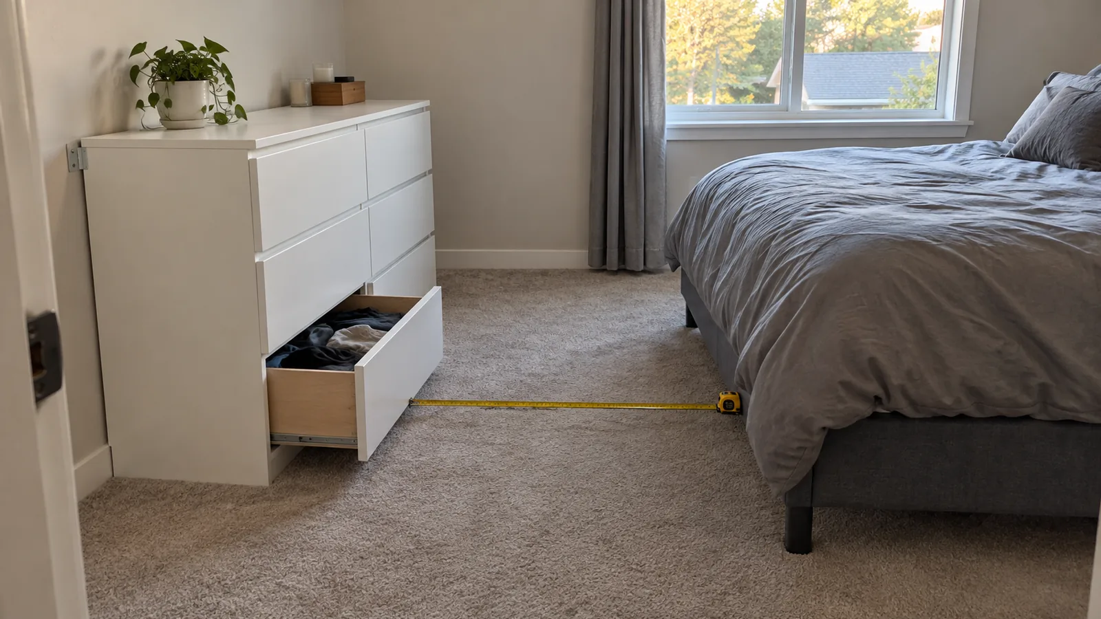 Bedroom with a white six-drawer dresser beside a bed, one drawer fully open and a tape measure on the carpet between them