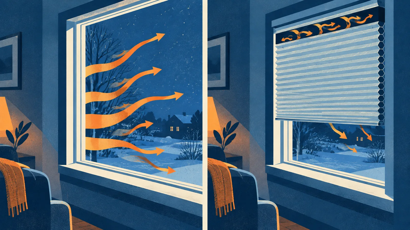 A two-panel illustration of a cold window at night: on the left warm air streaming out through bare glass, on the right a cellular shade lowered over most of the window with warm air curling at its top and only a few arrows escaping below