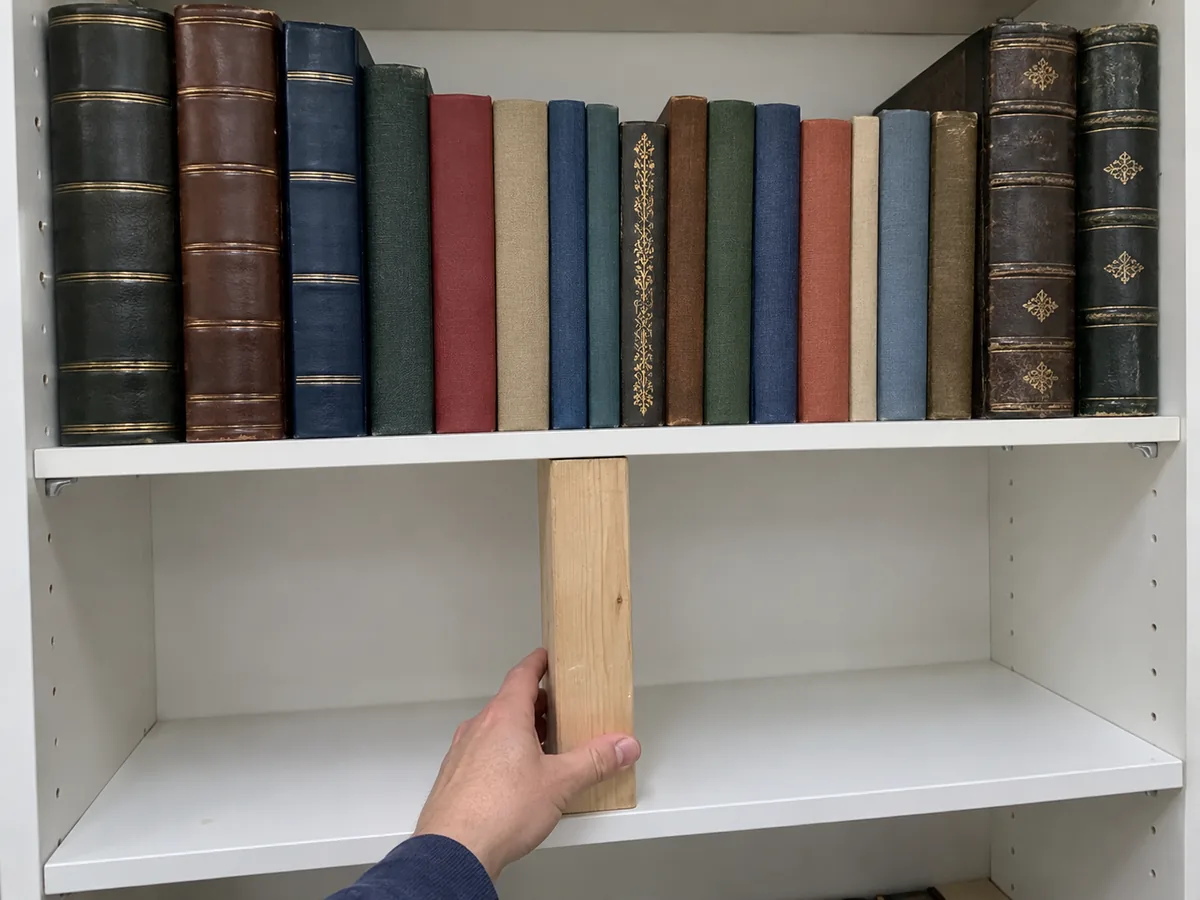 Hand placing a plain wooden block on a lower shelf so it supports the middle of a wide white bookshelf loaded with hardbacks