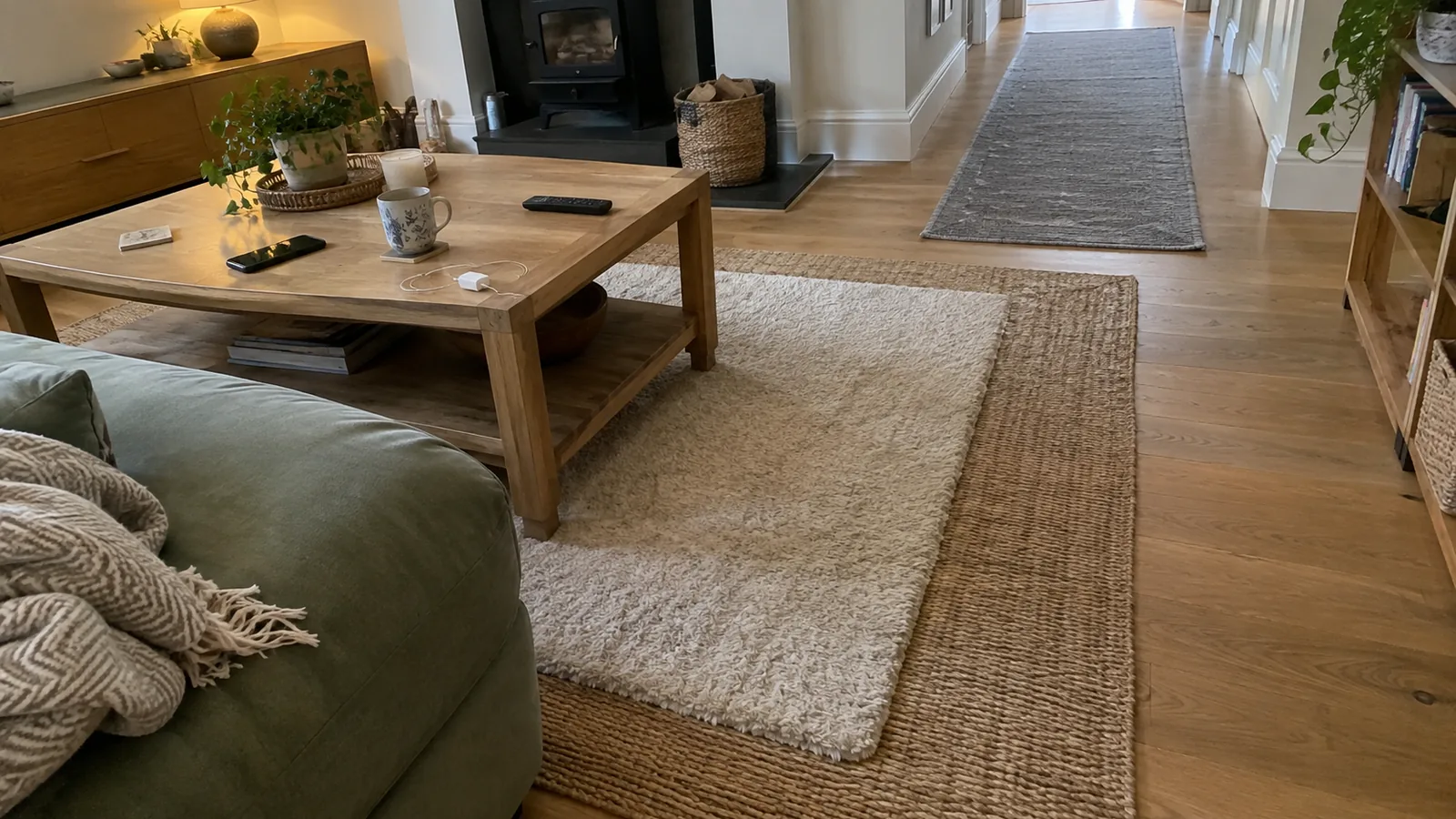 Living room with a cream wool rug layered on a larger jute rug under an oak coffee table, and a grey flat-woven runner in the hallway beyond