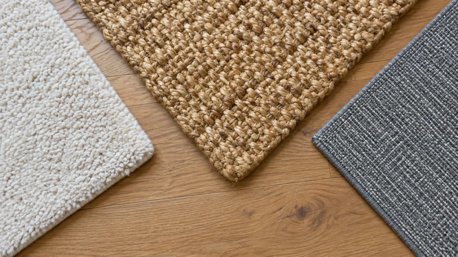 Close-up of three rug textures side by side: a dense cream wool pile, a chunky braided jute weave, and a flat, tight polypropylene weave